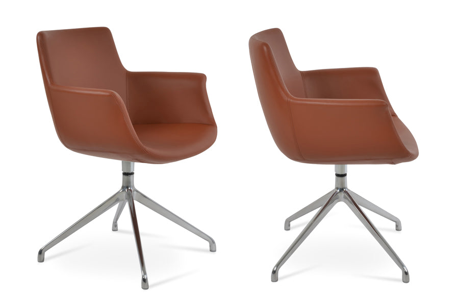 Bottega Spider Swivel Armchair by SohoConcept, showing two bottega spider swivel armchairs in cinnamon ppm-fr with polished aluminum base.