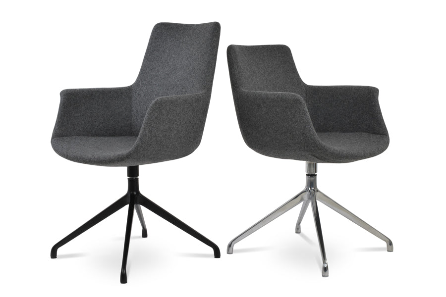 Bottega Spider Swivel Armchair by SohoConcept, showing two bottega spider swivel armchairs (low/high back) in camira blazer dark grey wool with black aluminum & polished aluminum bases.