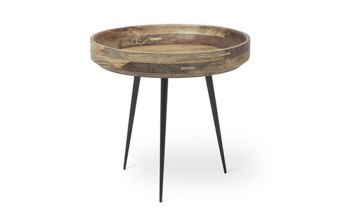 Bowl Table by Mater - Small, Natural Laquered Mango Wood with Steel Legs.