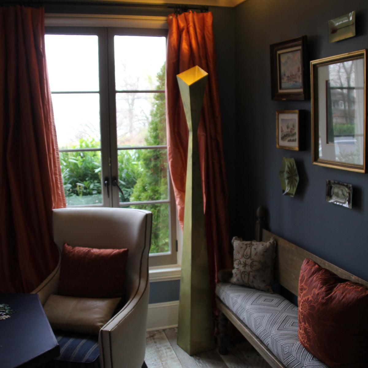James De Wulf Brass Floor Lamp by De Wulf, showing brass floor lamp in live shot.
