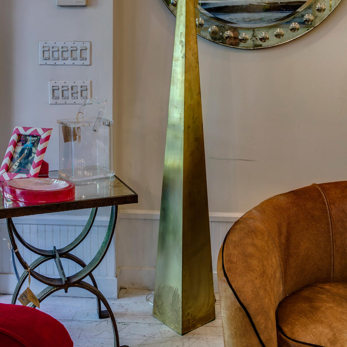 James De Wulf Brass Floor Lamp by De Wulf, showing brass floor lamp in live shot.
