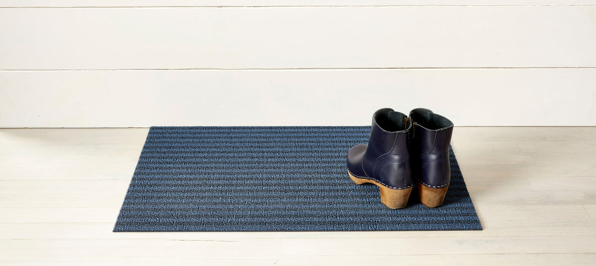 Breton Stripe Shag Floor Mat by Chilewich, showing breton stripe shag floor mat in live shot.