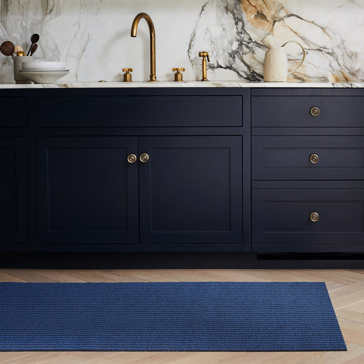 Breton Stripe Shag Floor Mat by Chilewich, showing breton stripe shag floor mat in live shot.