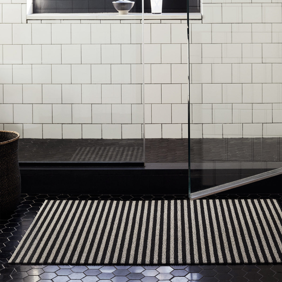Breton Stripe Shag Floor Mat by Chilewich, showing breton stripe shag floor mat in live shot.