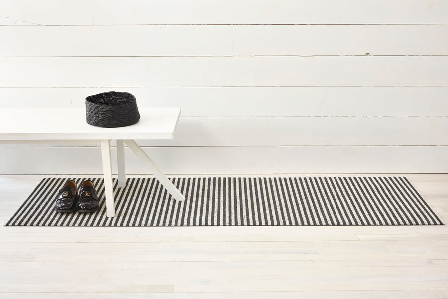 Breton Stripe Shag Floor Mat by Chilewich, showing breton stripe shag floor mat in live shot.