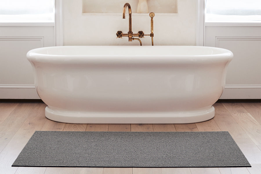 Breton Stripe Shag Floor Mat by Chilewich, showing breton stripe shag floor mat in live shot.
