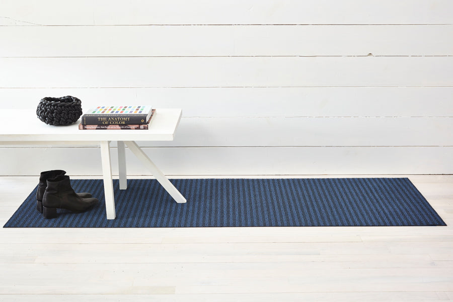 Breton Stripe Shag Floor Mat by Chilewich, showing breton stripe shag floor mat in live shot.