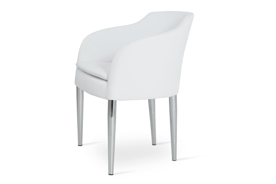 Buca Metal Dining Armchair by SohoConcept, showing angle view of the white leatherette buca metal dining armchair.