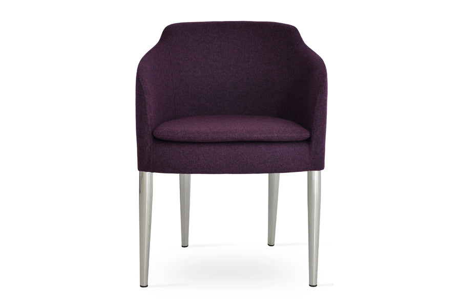 Buca Metal Dining Armchair by SohoConcept, showing front view of the chair in deep maroon camira wool.