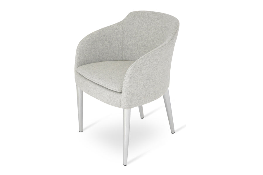 Buca Metal Dining Armchair by SohoConcept, showing angle view of the chair in silver camira wool.