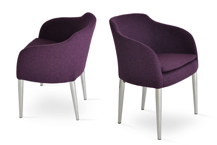 Buca Metal Dining Armchair by SohoConcept, showing two metal dining armchairs in camira blazer deep maroon wool together.
