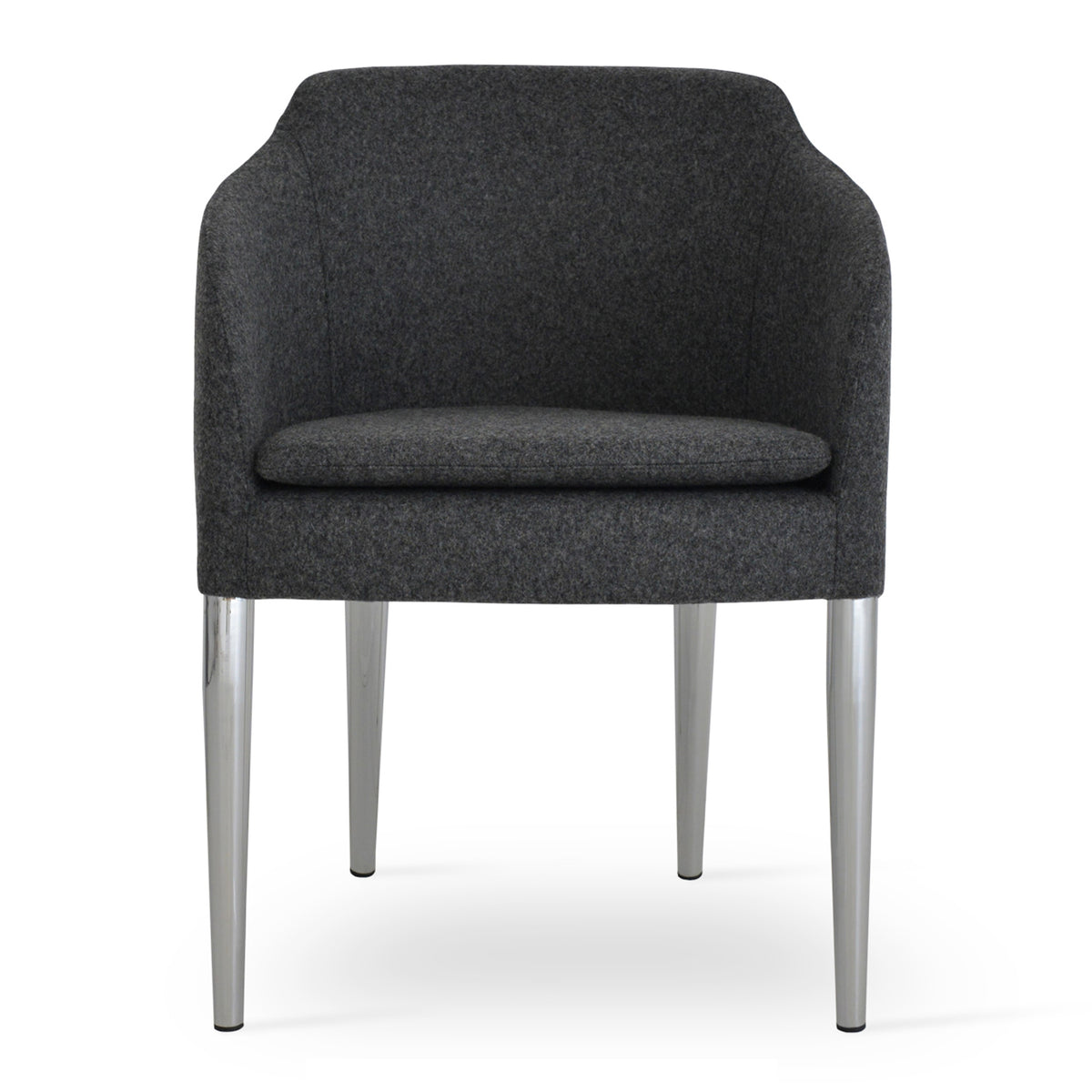 Buca Metal Dining Armchair by SohoConcept, showing front view of  metal dining armchair in camira blazer dark grey wool.