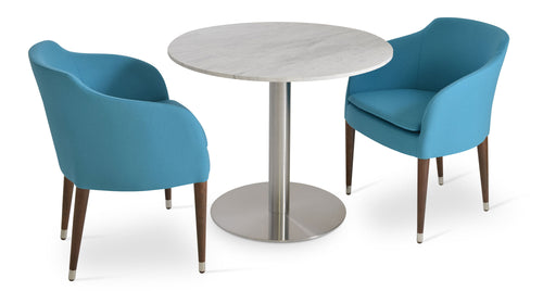 Buca Wood Dining Armchair by SohoConcept, showing two wood dining armchairs in turquoise blazer camira wool and tango marble dining table.