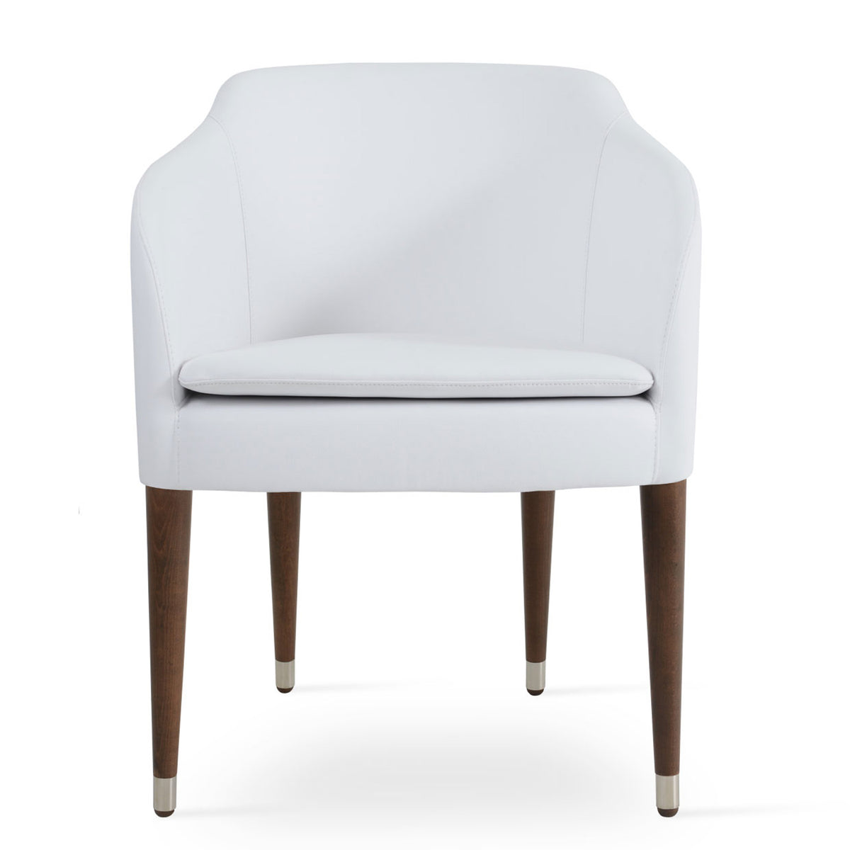 Buca Wood Dining Armchair by SohoConcept, showing front view of wood dining armchair in white leatherette.