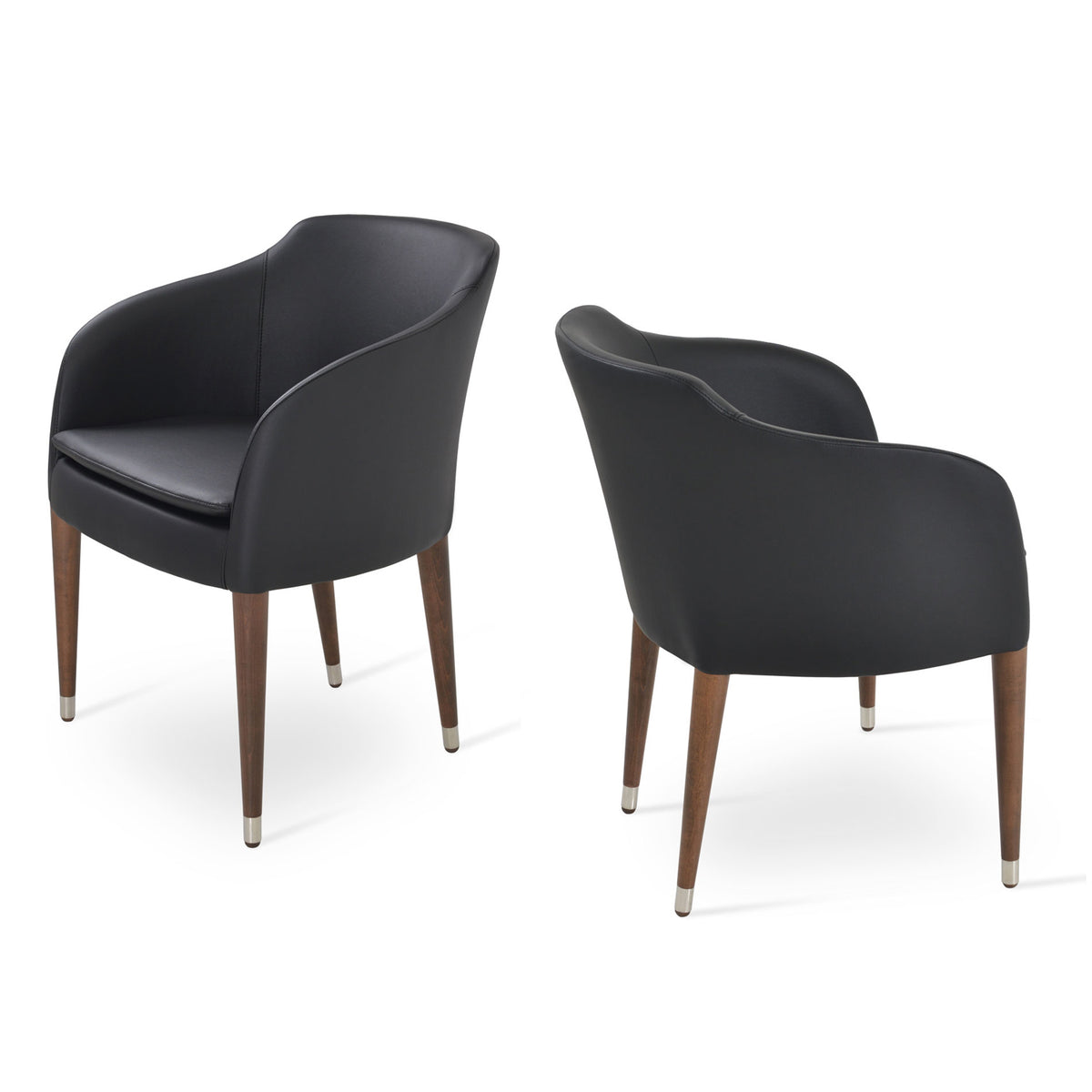 Buca Wood Dining Armchair by SohoConcept, showing two wood dining armchairs in black leatherette together.