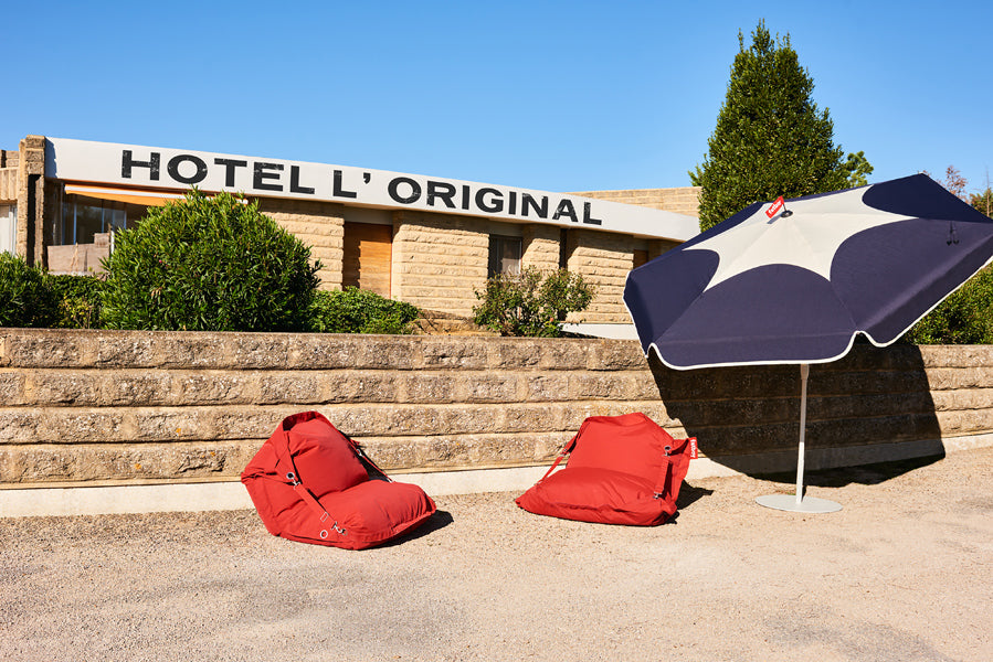 Buggle-Up Outdoor Bean Bag by Fatboy, showing buggle-up outdoor bean bags in live shot.