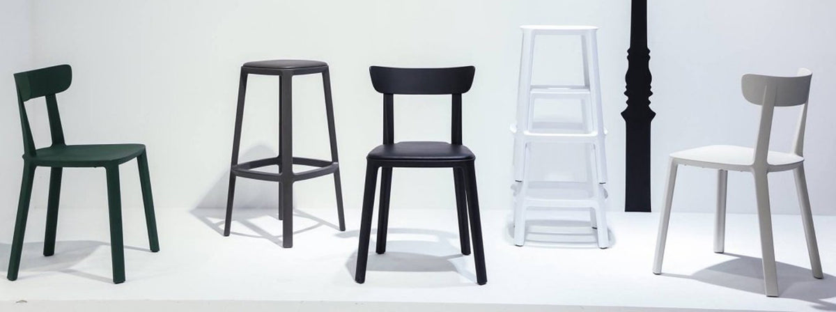 Cadrea Chair by Toou, showing cadrea chairs with cadrea stools in live shot.