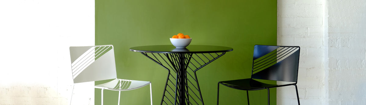 Cafe Round Bar Table by Bend, showing cafe round bar table with chairs in live shot.