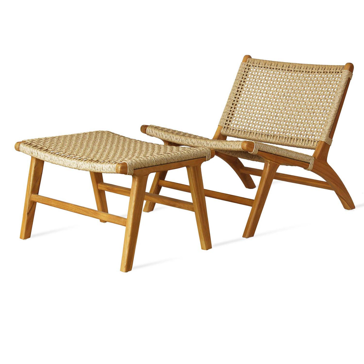 Calava Teak Ottoman by SohoConcept, showing calava teak ottoman with chair.
