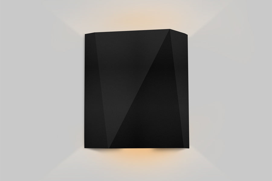 Calx Outdoor LED Sconce by Cerno, showing front view of calx outdoor led sconce in textured black powdercoat shade.