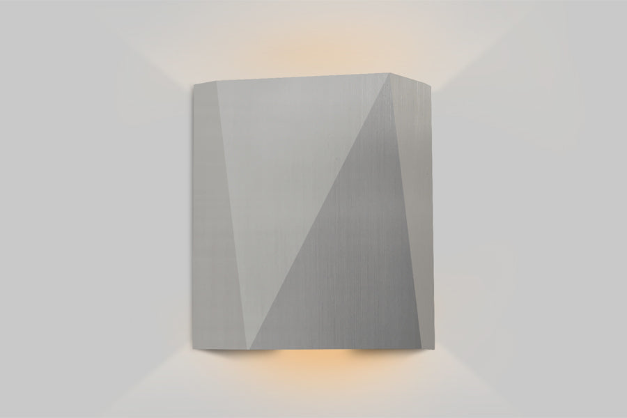 Calx Outdoor LED Sconce by Cerno, showing front view of calx outdoor led sconce in marine grade brushed stainless steel shade.