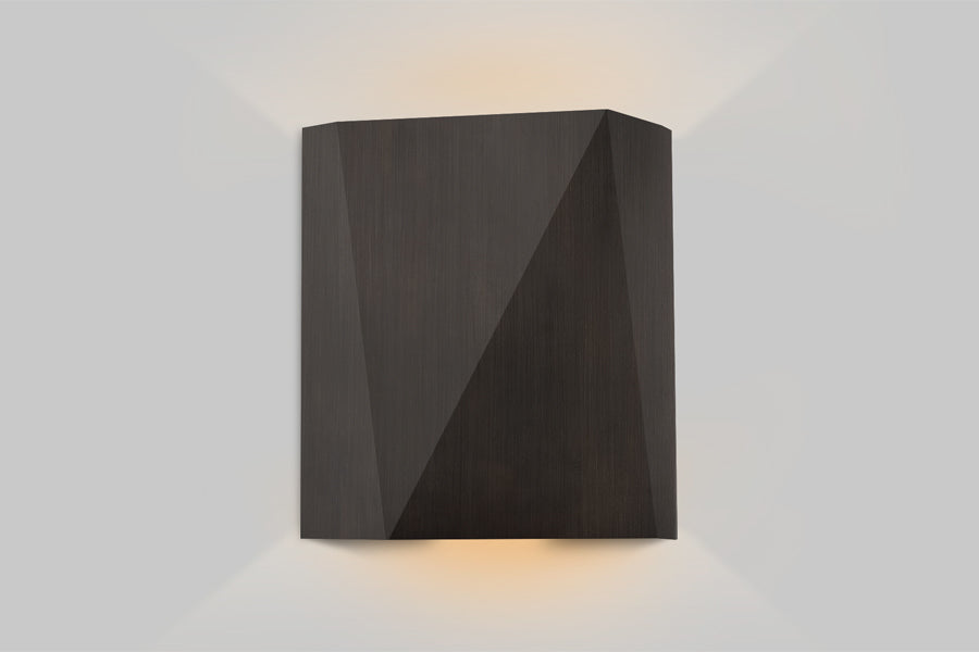 Calx Outdoor LED Sconce by Cerno, showing front view of calx outdoor led sconce in antique bronze shade.