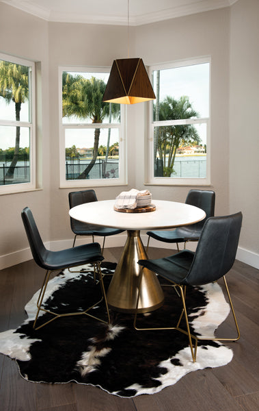 Calx Pendant by Cerno, showing calx pendant with table & chairs in live shot.
