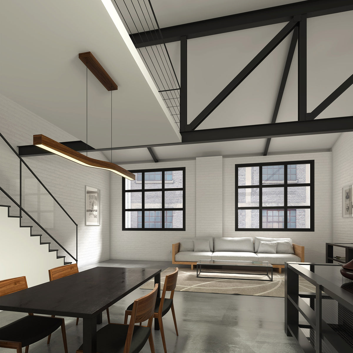 Camur LED Linear Pendant by Cerno, showing camur led linear pendant with table & chair in live shot.