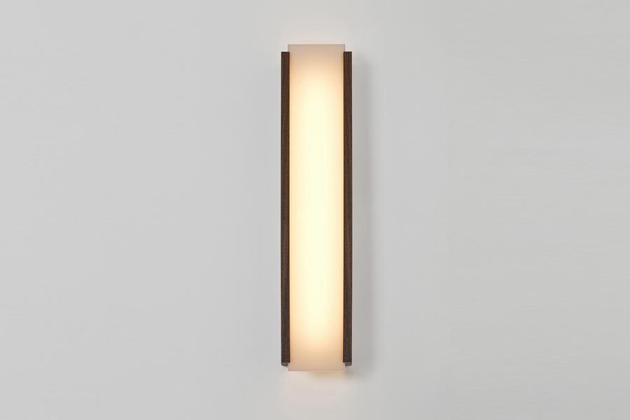 Capio LED Sconce by Cerno, showing angle view of large walnut capio led sconce in walnut.