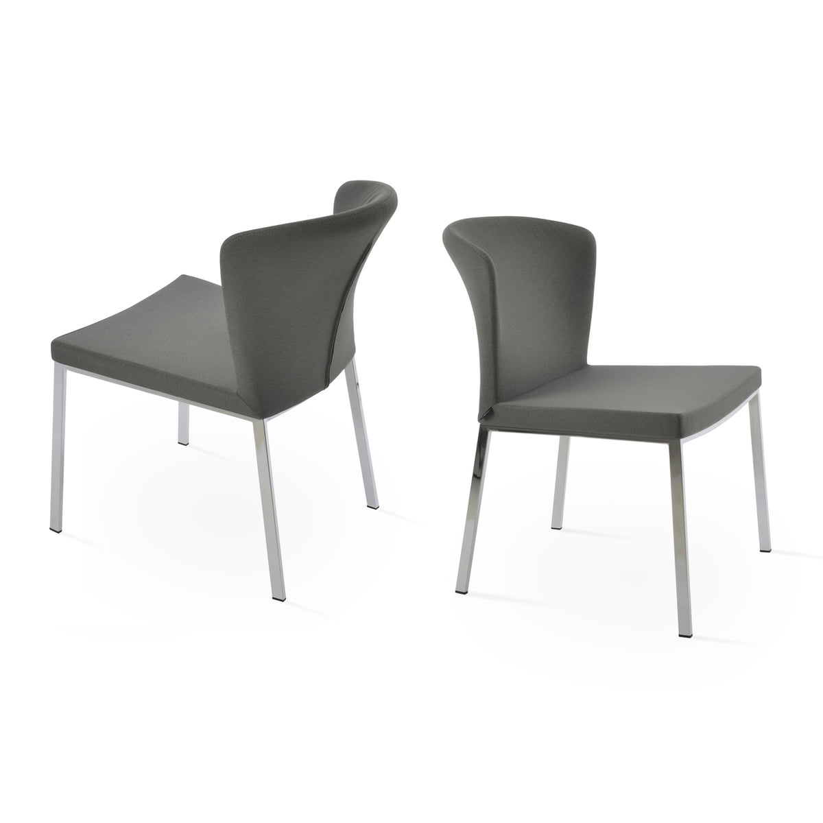 Capri Metal Dining Chair by SohoConcept, showing two chairs in camira blazer grey fabric with chrome base.