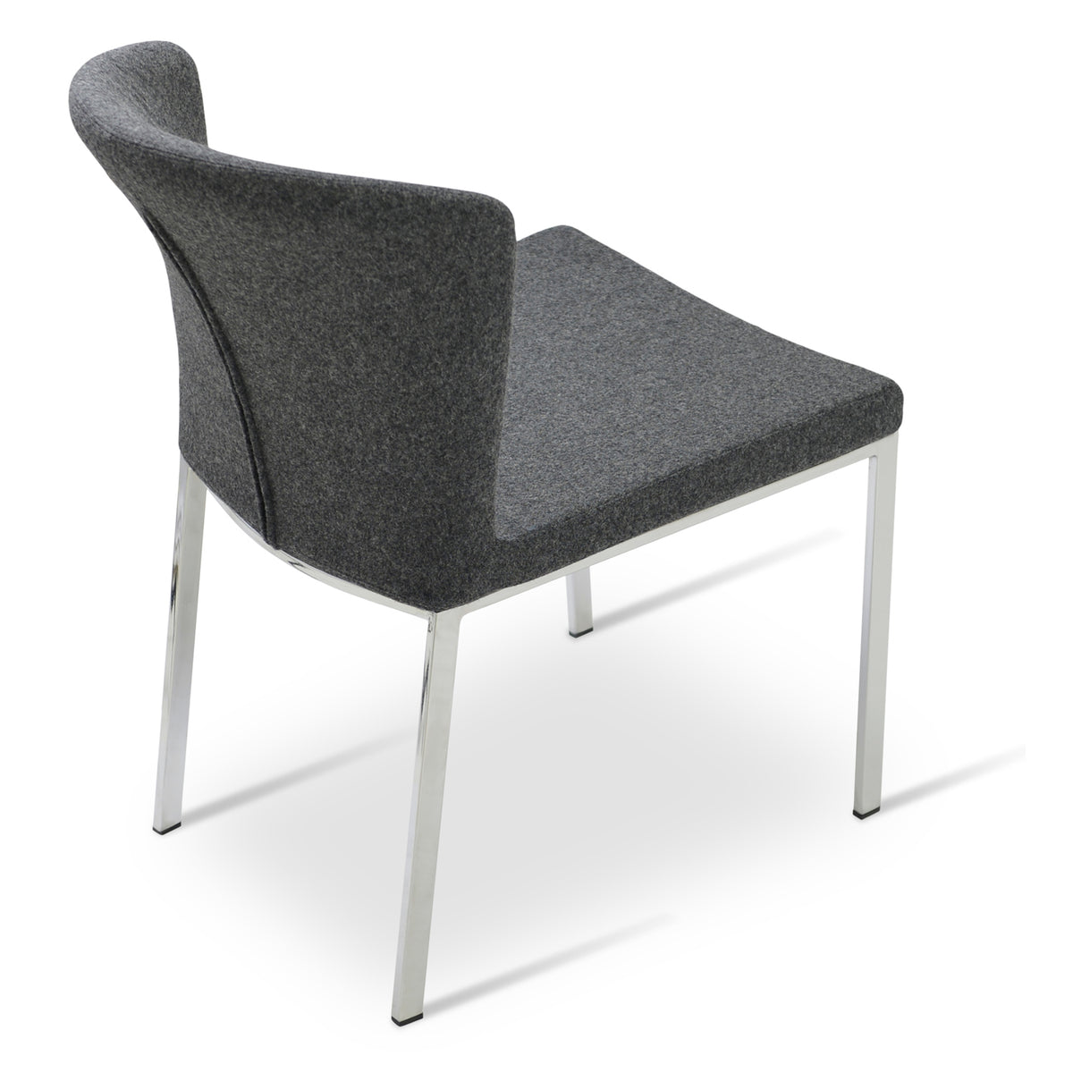 Capri Metal Dining Chair by SohoConcept, showing back view of metal dining chair in camira blazer dark grey wool.