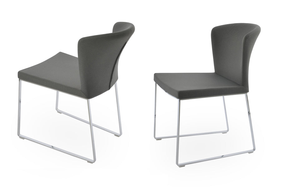 Capri Sled Dining Chair by SohoConcept, showing two chairs in camira era grey fabric with chrome base.