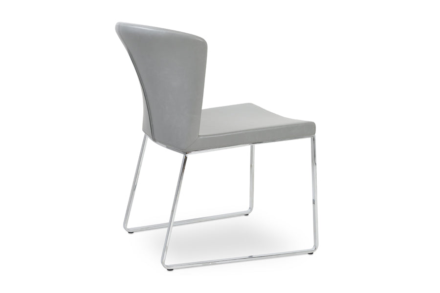 Capri Sled Dining Chair by SohoConcept, showing back view of sled dining chair in light grey ppm with chrome base.