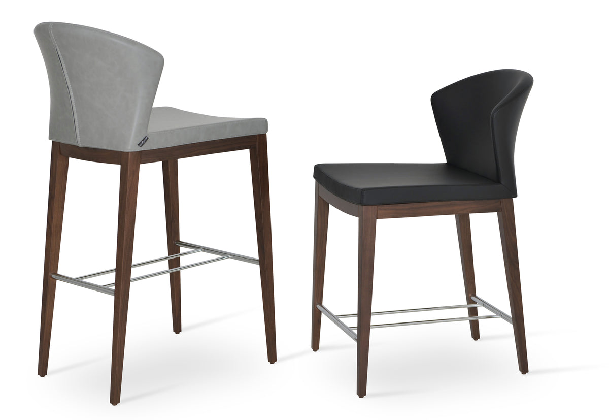 Capri Wood Stool by SohoConcept, showing counter/bar stools (low/high back) in original american walnut with light grey ppm and black ppm.