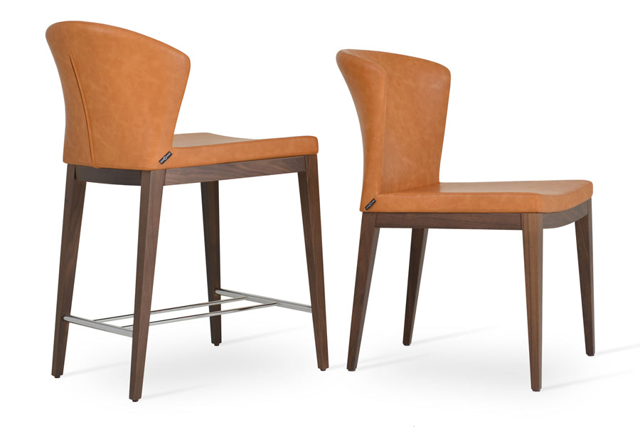 Capri Wood Stool by SohoConcept, showing counter & bar stools in caramel ppm (low & high back) finish with original american walnut base.