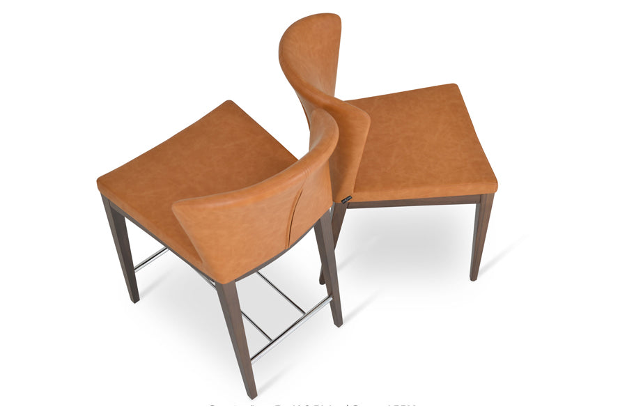 Capri Wood Stool by SohoConcept, showing counter & bar stools in caramel ppm (low & high back) finish with original american walnut base.