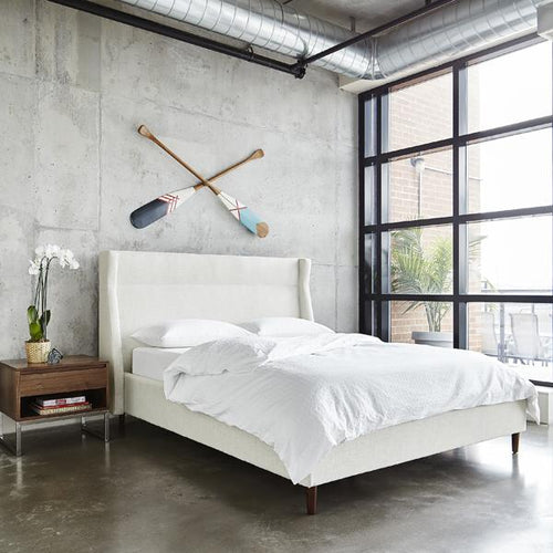 Carmichael Bed by Gus Modern, showing carmichael bed with nighstand in live shot.
