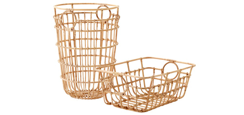 Carry Me Laundry Basket by Cane-Line, showing low & high carry me loundry baskets in natural rattan.