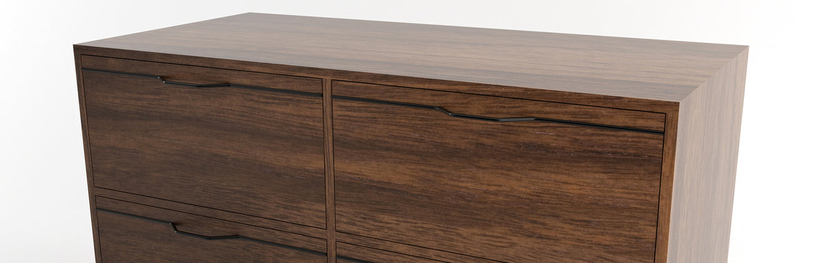 Chapman Cabinet Double Storage Unit By Tronk Design, showing closeup view of chapman cabinet double stroage unit in 4 drawers/walnut wood/white powder coated steel.