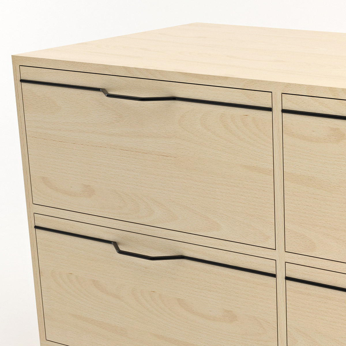 Chapman Cabinet Double Storage Unit By Tronk Design, showing closeup view of chapman cabinet double stroage unit in 4 drawers/maple wood/black powder coated steel.