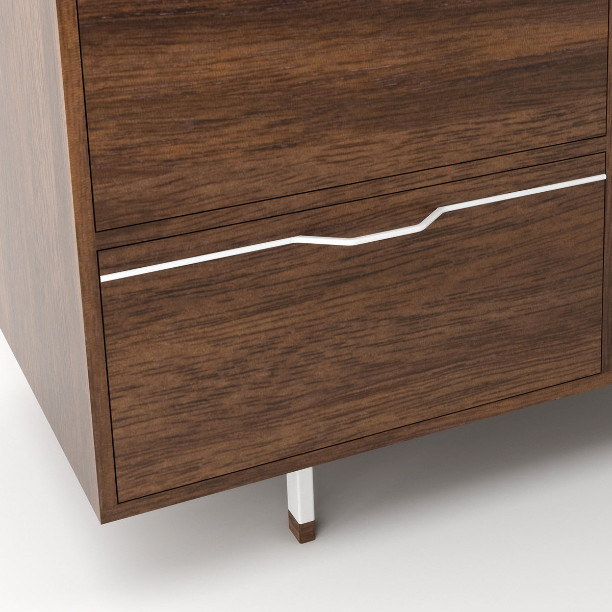 Chapman Cabinet Double Storage Unit By Tronk Design, showing closeup view of chapman cabinet double stroage unit in 4 drawers/walnut wood/white powder coated steel.