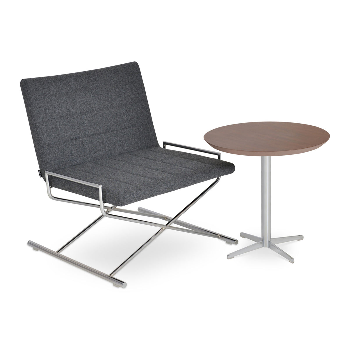 Chelsea X Chair by SohoConcept, showing angle view of x chair with table.