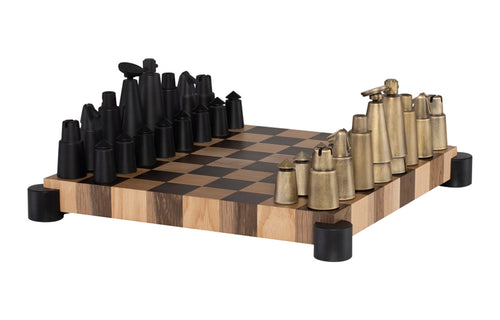Chess Set Gaming Table by Nuevo - Smoked Oak/Steel Chess Pieces.