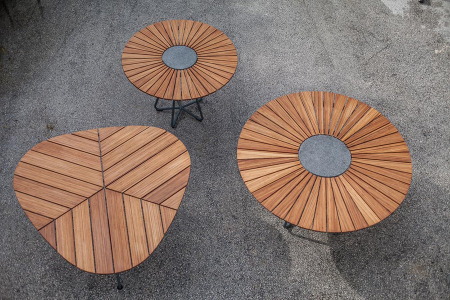 Circle Outdoor Dining Table by Houe, showing circle outdoor dining tables with dining table in live shot.