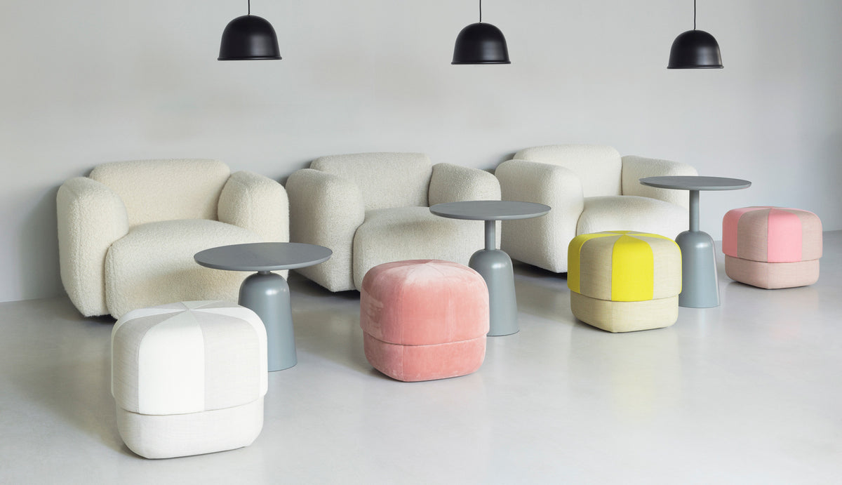 Circus Velour Pouf by Normann Copenhagen, showing circus velour pouf in live shot.