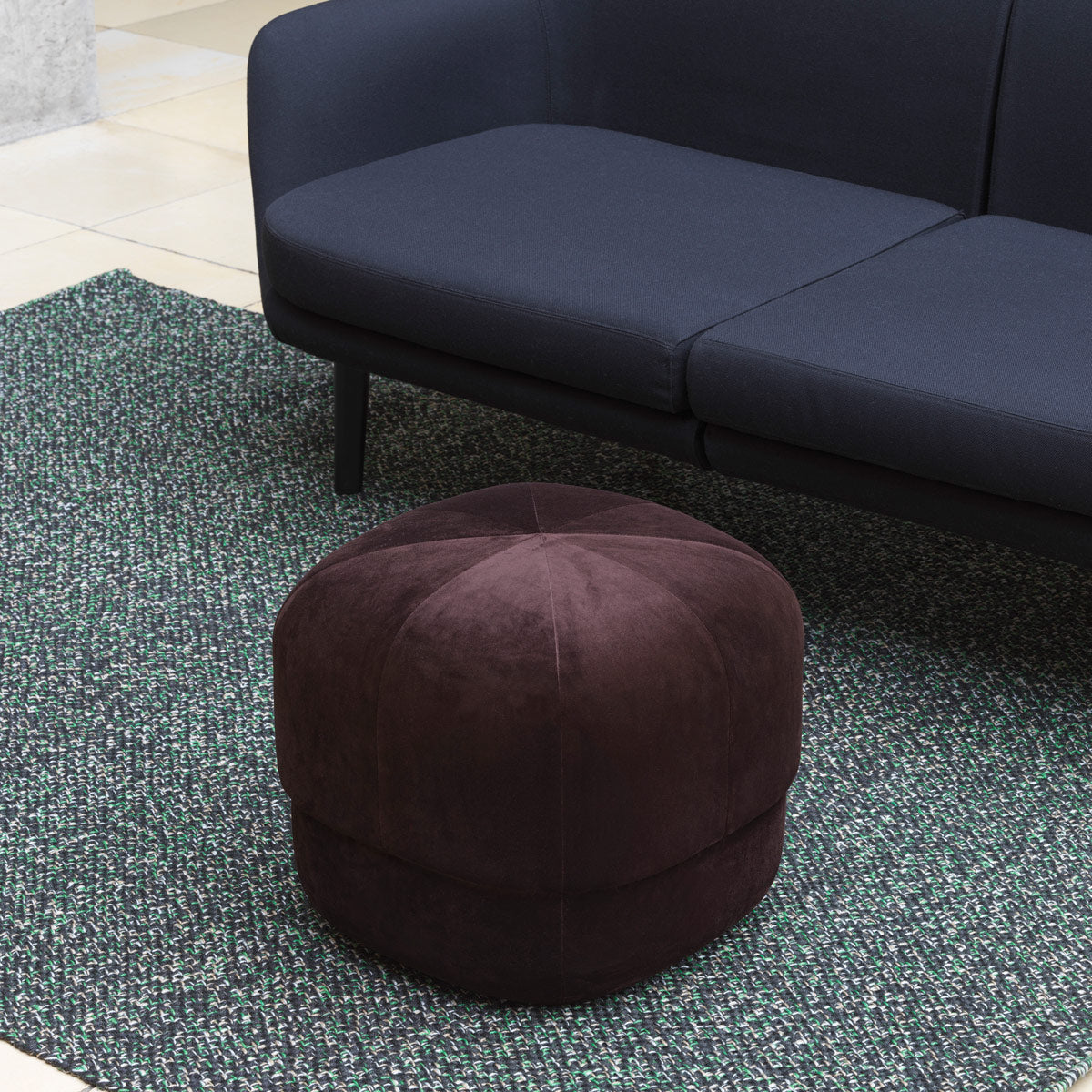 Circus Velour Pouf by Normann Copenhagen, showing circus velour pouf in live shot.