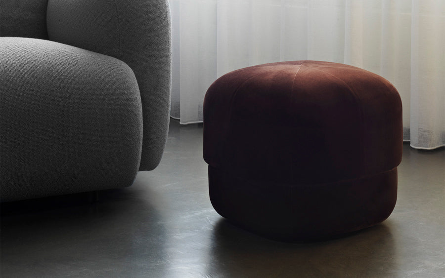 Circus Velour Pouf by Normann Copenhagen, showing circus velour pouf in live shot.