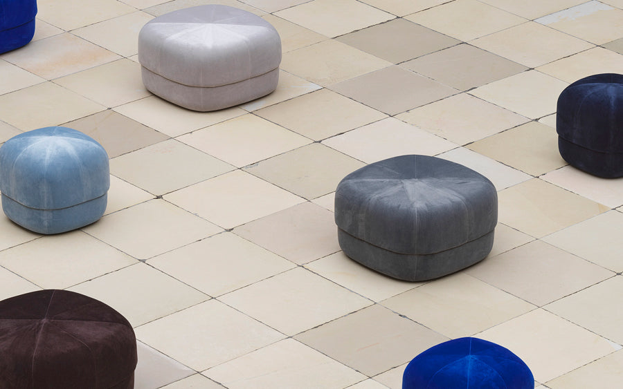 Circus Velour Pouf by Normann Copenhagen, showing circus velour poufs in live shot.