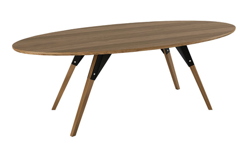 Clarke Coffee Table by Tronk Design - Thin Oval, Walnut Wood, Black Powder Coated Steel.