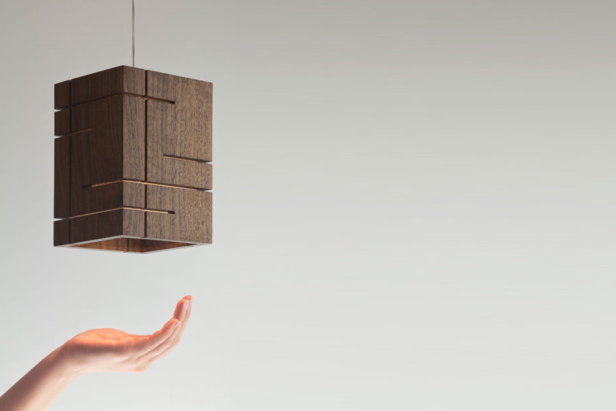 Claudo LED Accent Pendant by Cerno, showing claudo dark stained walnut led accent pendant in live shot.
